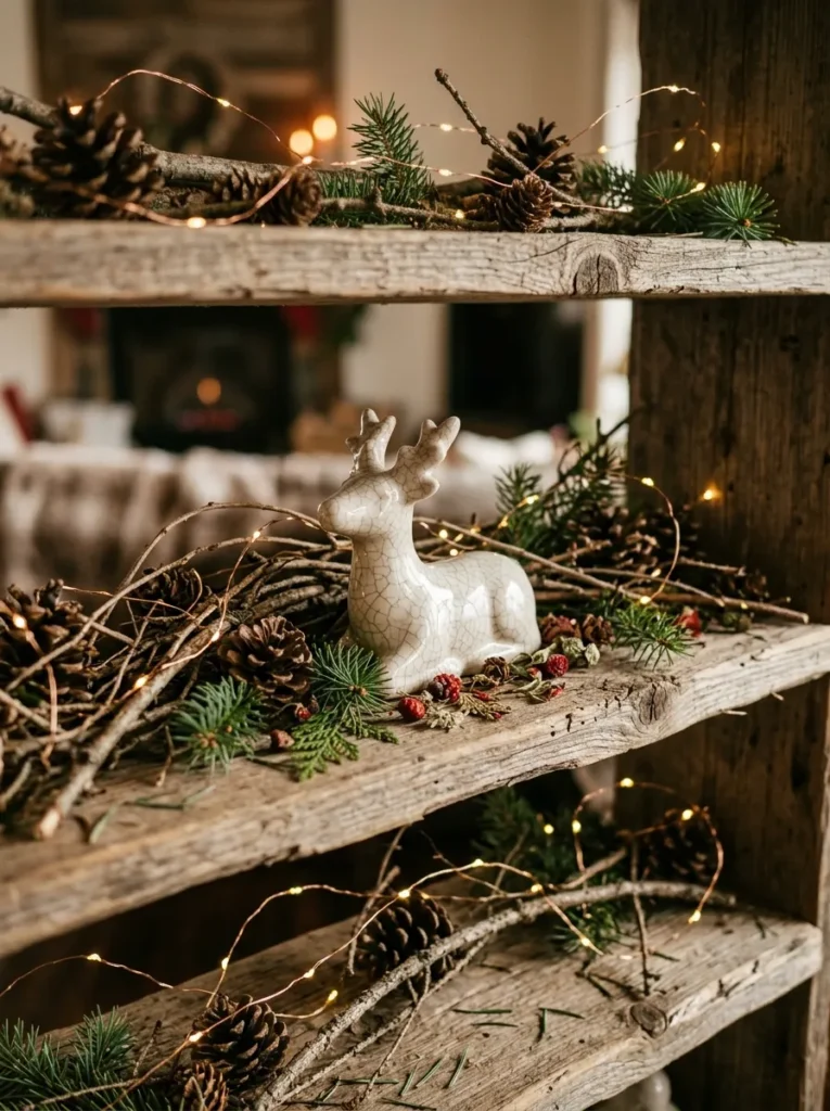Crackle Glaze Twig Tiers - christmas reindeer decor (Textured crackle glaze twig accents framing wooden christmas reindeer decor)