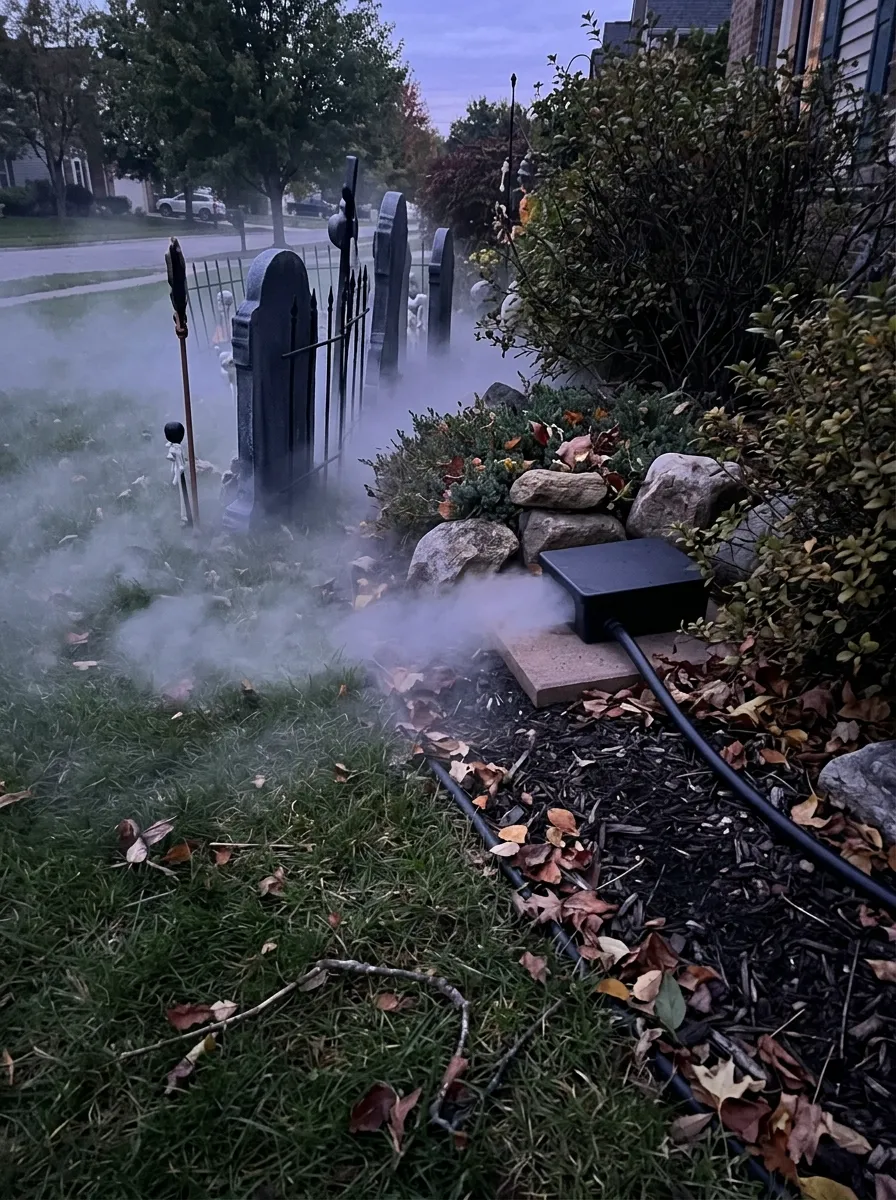 Creepy Ground Fog Pipe Manifold System - graveyard halloween decorations (Perforated drainage pipes hidden beneath turf distributing fog evenly across yard)