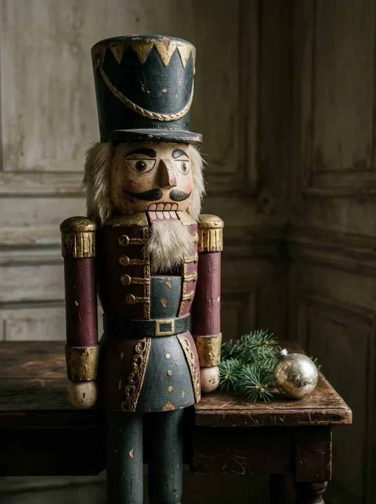 Creepy Nutcracker Holiday Soldier Vignette - halloween christmas decorations (Entryway console table display with gothic soldier nutcrackers and Norfolk Island pine)