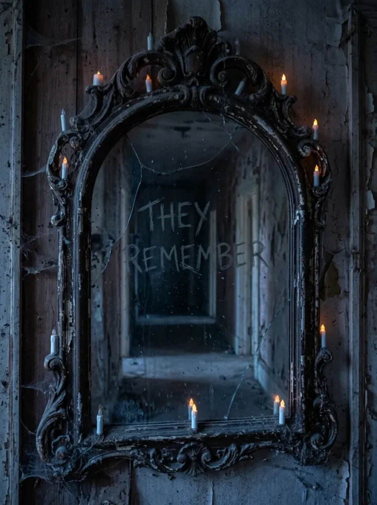 Cursed Demon Mirror Scrawled Message - scary halloween signs (Cursed demon antique mirror scrawled blood message warning)
