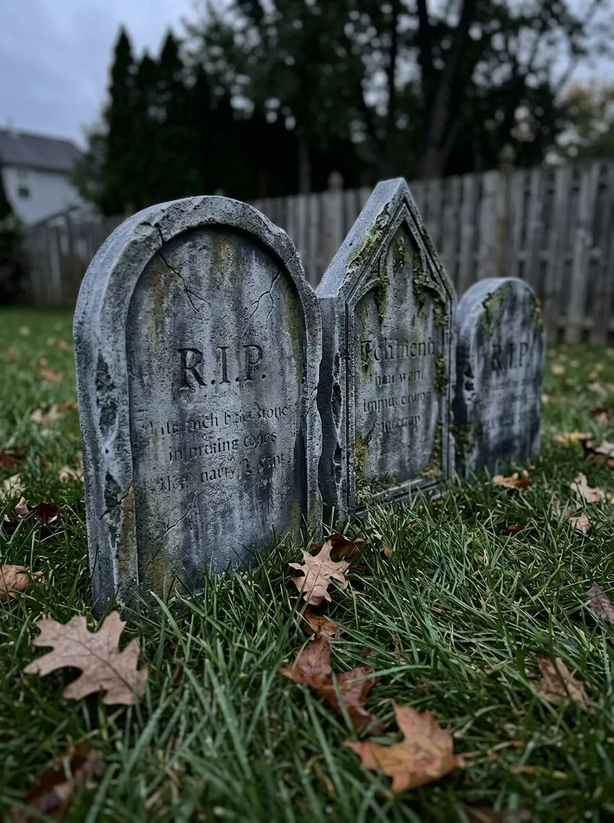 Custom Weathered High-Density Foam Tombstones - graveyard halloween decorations (Thick XPS foam headstones carved with cracks and aged epitaphs coated in grey Drylok)