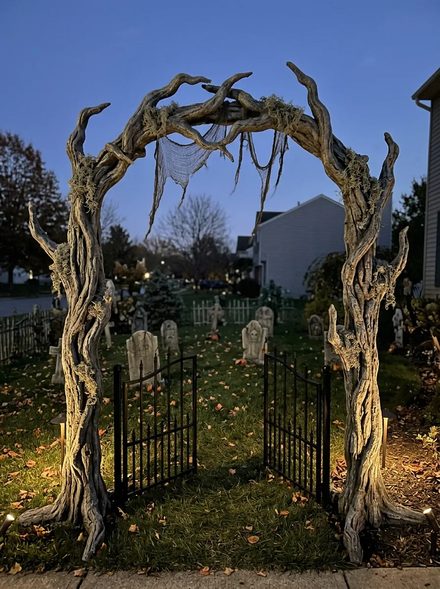 Dead Tree Branch Archway over Entrance Gate - graveyard halloween decorations (Imposing archway of intertwined black dead branches over cemetery gate with warning sign)