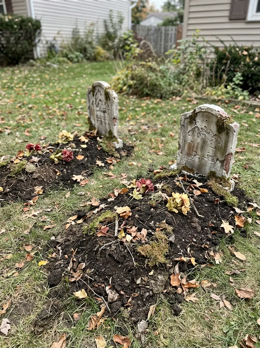Decaying Fresh Grave Mounds with Wilted Flowers - graveyard halloween decorations (Elongated rectangular fresh dirt grave mounds with dead black roses and tattered funeral ribbons)