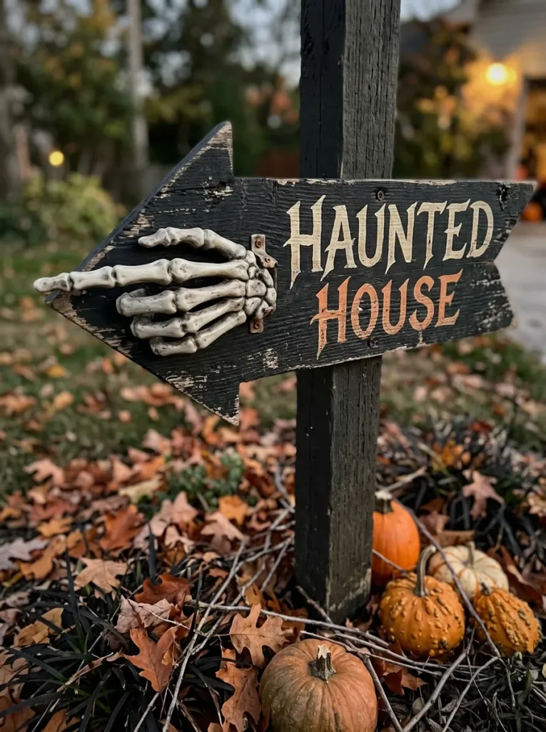 Dimensional Skeleton Hand Directional Pointer - halloween signs (Sculptural white resin skeleton hand sign pointing direction along outdoor pathway to party area)