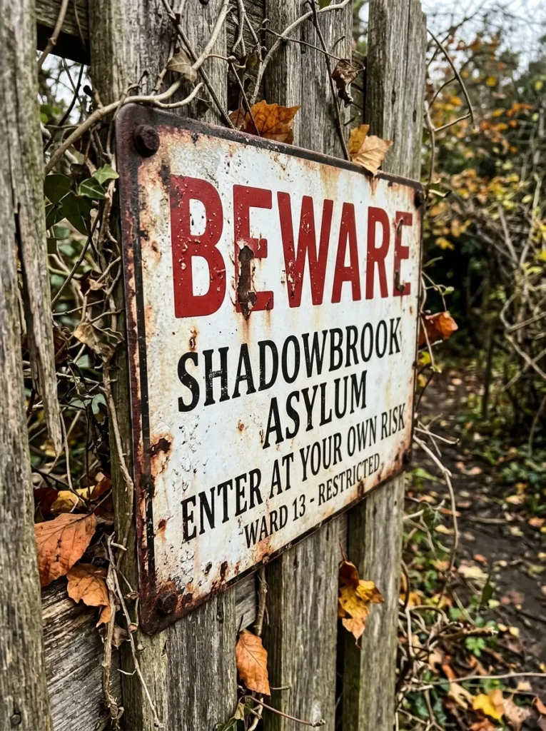 Distressed Metal Beware Asylum Signs - halloween signs (Embossed tin metal warning sign with faux rust patina and industrial quarantine lettering)