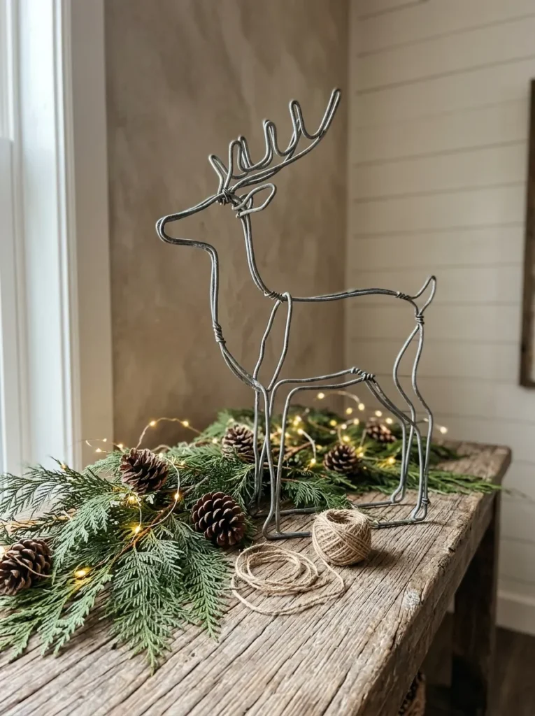 Distressed Zinc Wire Arrangements - deer christmas ornaments (Artisanal distressed zinc wire arrangements arranged as elegant deer christmas ornaments with festive textures and warm ambient lighting)
