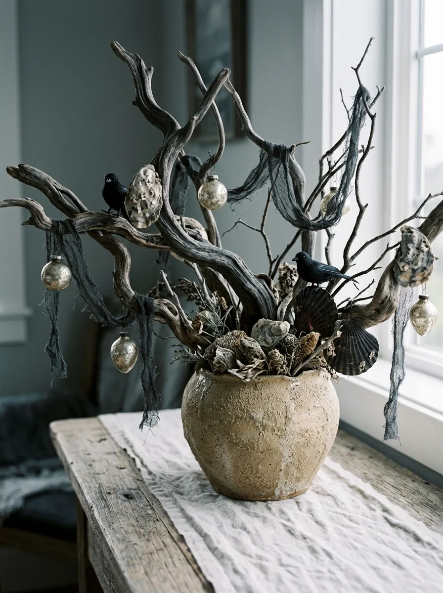 Driftwood Coastal Gothic Spooky Tree - halloween spooky tree (Sun-bleached coastal driftwood branches accented with black sea glass and dried starfishes)