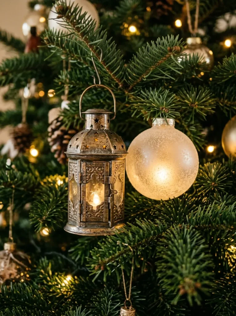 Embossed Tin Lantern Keepsakes - light up christmas balls (Pierced metal miniature lanterns casting speckled patterns beside light up christmas balls)