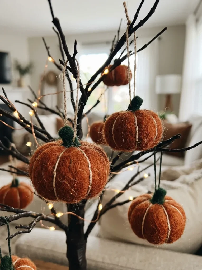 Embroidered Wool Felt Pumpkin Ornaments - halloween ornament (Plush hand-stitched wool felt pumpkin ornaments with green embroidery seams and cinnamon stick stems)