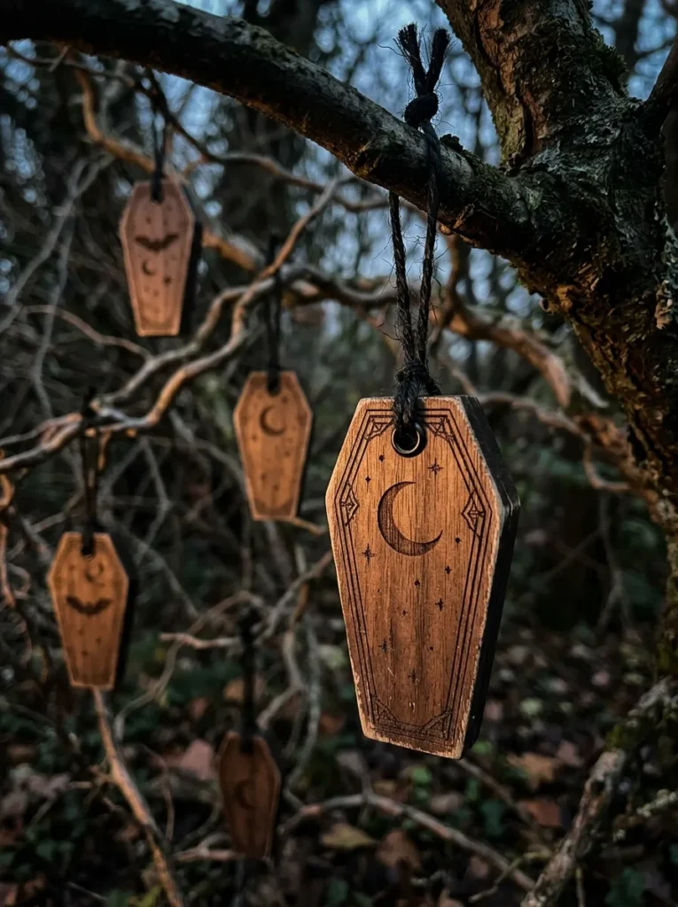 Etched Wooden Coffin Trinket Ornaments - halloween ornament (Laser-etched miniature wooden coffin ornaments with brass hinges and distressed graveyard patina)