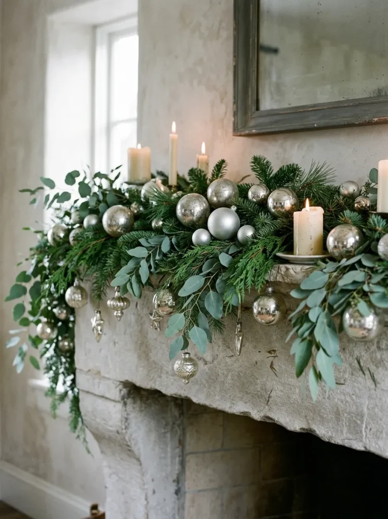 Eucalyptus Spray Mantel Highlights - silver christmas balls (Artisanal eucalyptus spray mantel highlights arranged as elegant silver christmas balls with festive textures and warm ambient lighting)