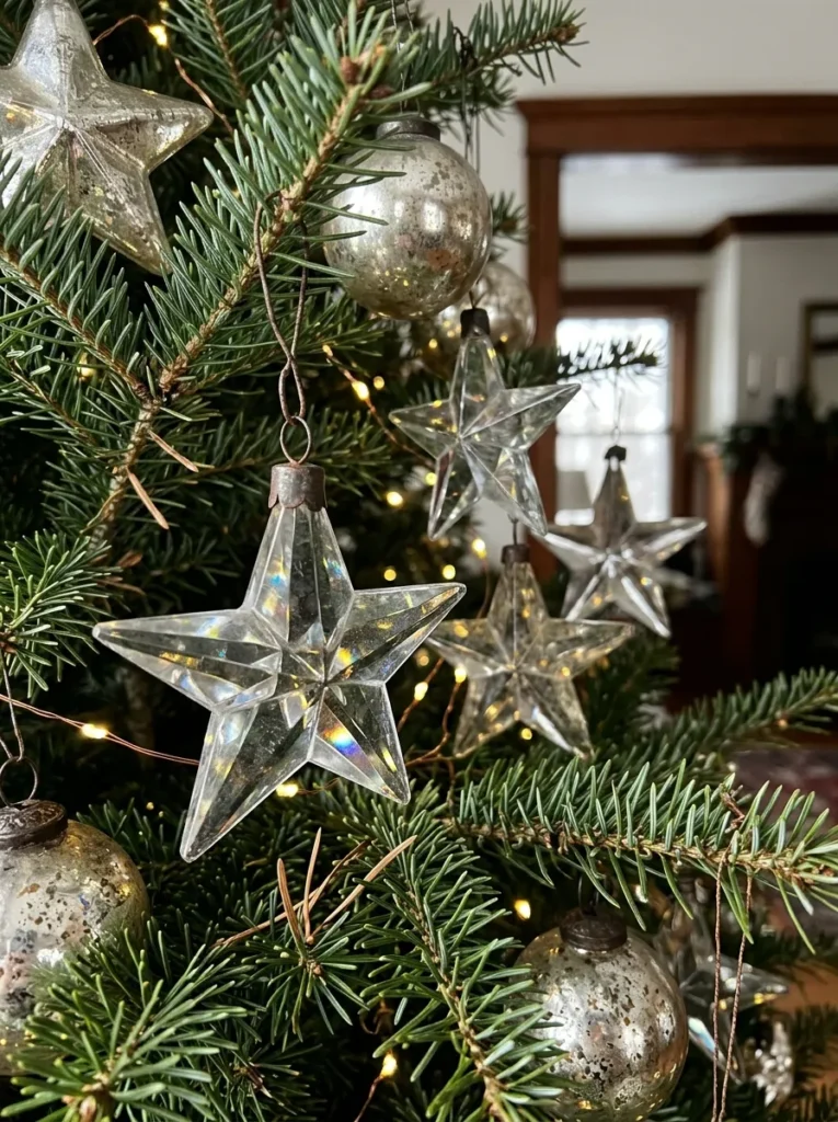 Faceted Crystal Star Clusters - dated christmas ornaments (Artisanal faceted crystal star clusters arranged as elegant dated christmas ornaments with festive textures and warm ambient lighting)