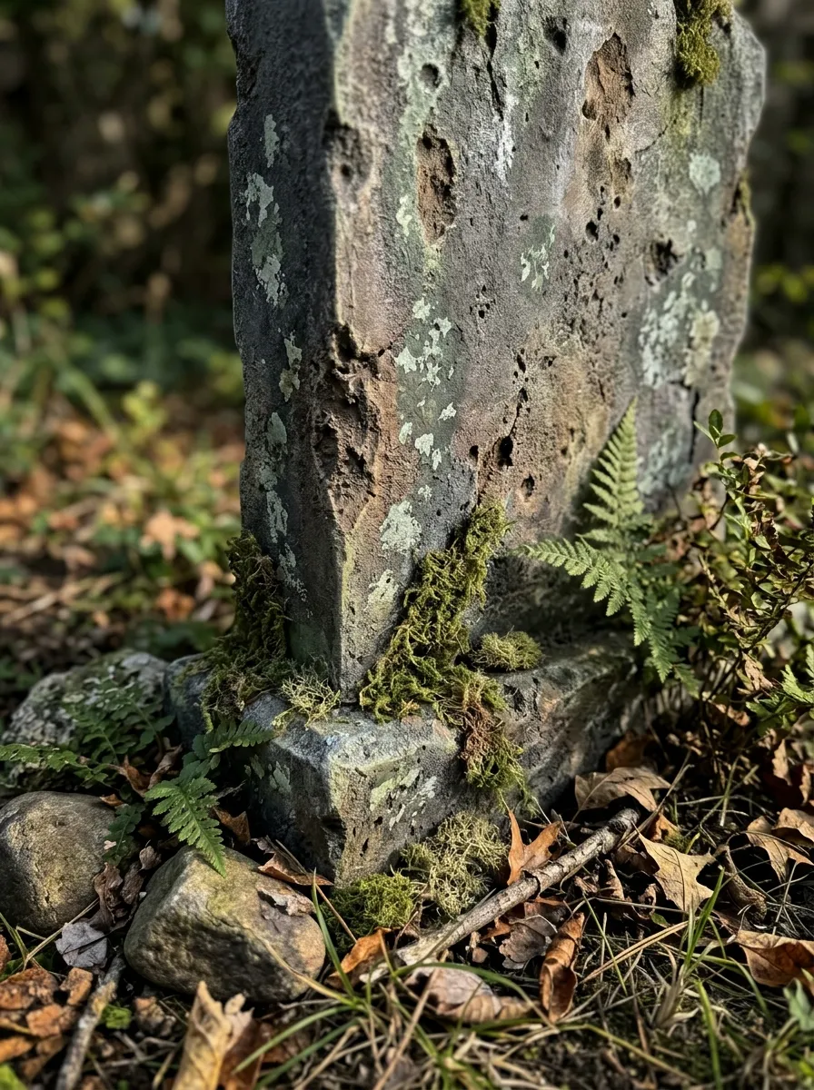 Faux Moss and Lichen Greenery Aging Techniques - graveyard halloween decorations (Dried Spanish moss and green craft lichen attached to foam tombstone carvings with silicone)