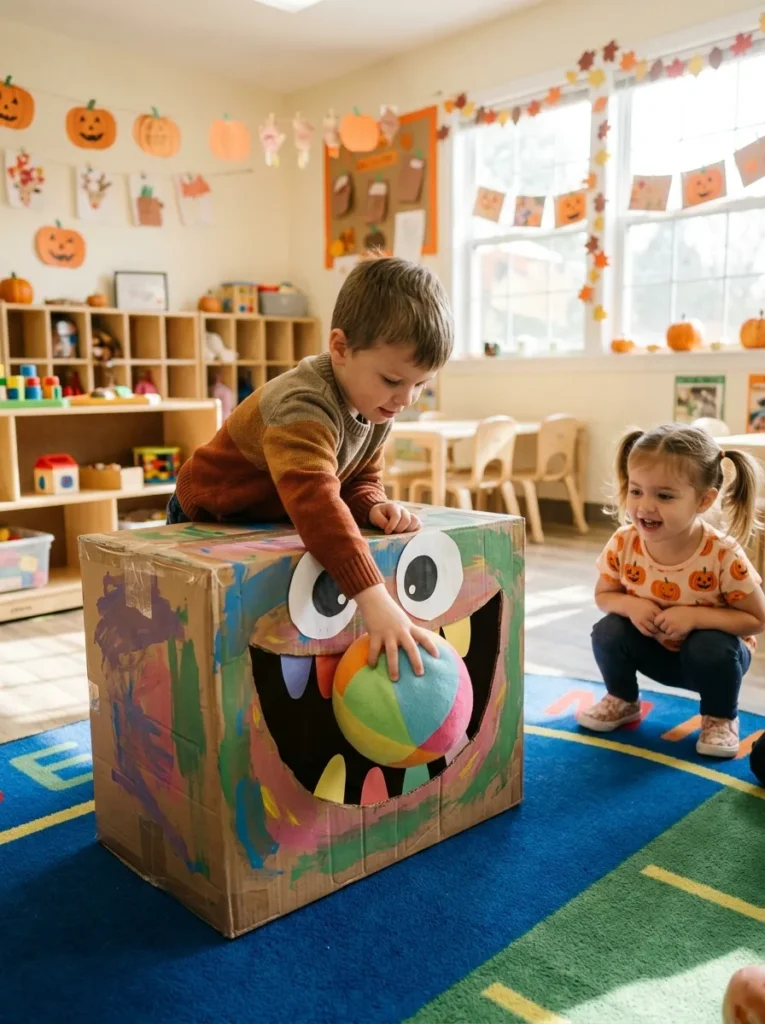 Feed the Hungry Monster Cardboard Box - halloween games for preschoolers (Decorated cardboard box monster mouth ball toss game for kids)