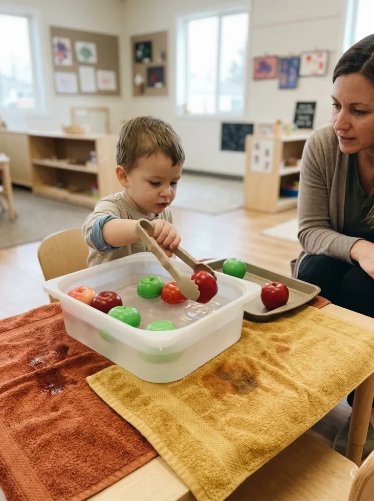 Floating Apple Tongs Scoop Challenge - halloween games for preschoolers (Sensory water bin floating apple and foam pumpkin silicone tong scoop)