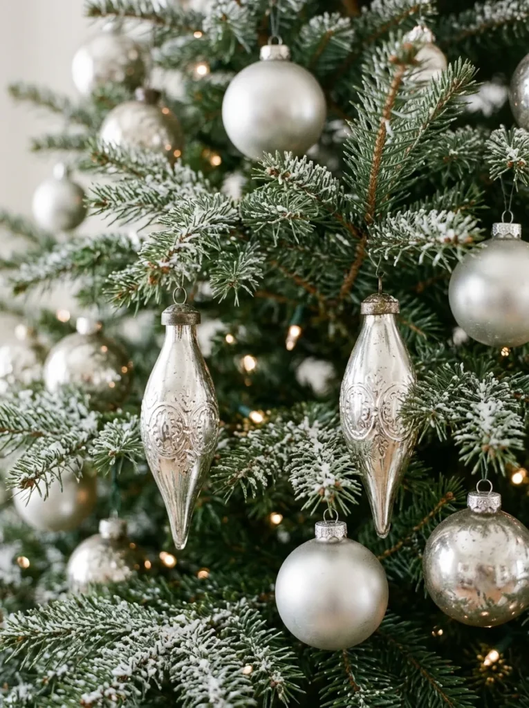 Flocked Needle Finials Tiers - silver christmas balls (Artisanal flocked needle finials tiers arranged as elegant silver christmas balls with festive textures and warm ambient lighting)