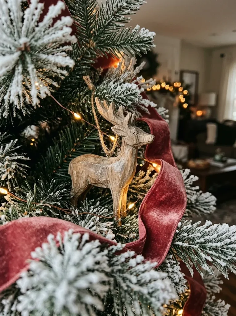 Flocked Needle Ribbon Features - deer christmas ornaments (Artisanal flocked needle ribbon features arranged as elegant deer christmas ornaments with festive textures and warm ambient lighting)