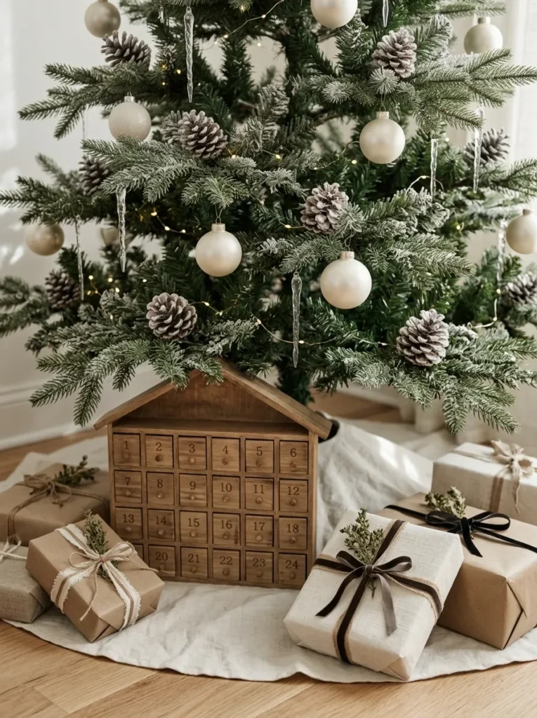 Flocked Snowy Branch Layering - zyn christmas calendar (Crisp white flocking powder on pine branches framing a zyn christmas calendar)