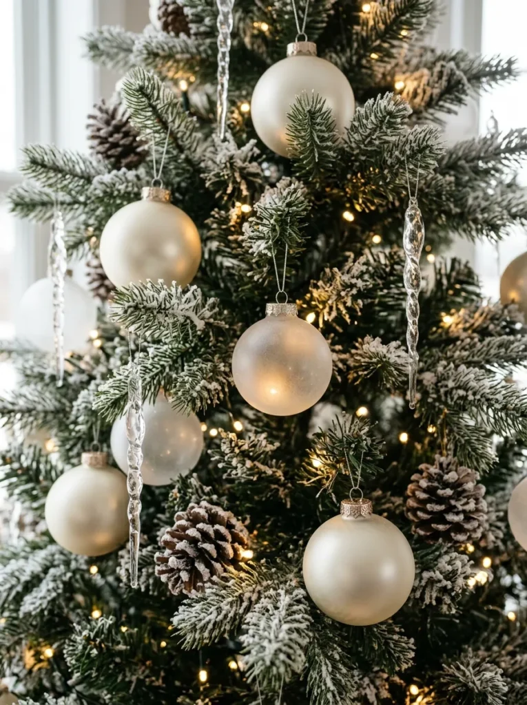 Flocked Snowy Branch Layering - light up christmas balls (Frosted white faux snow blankets highlighting luminous light up christmas balls)