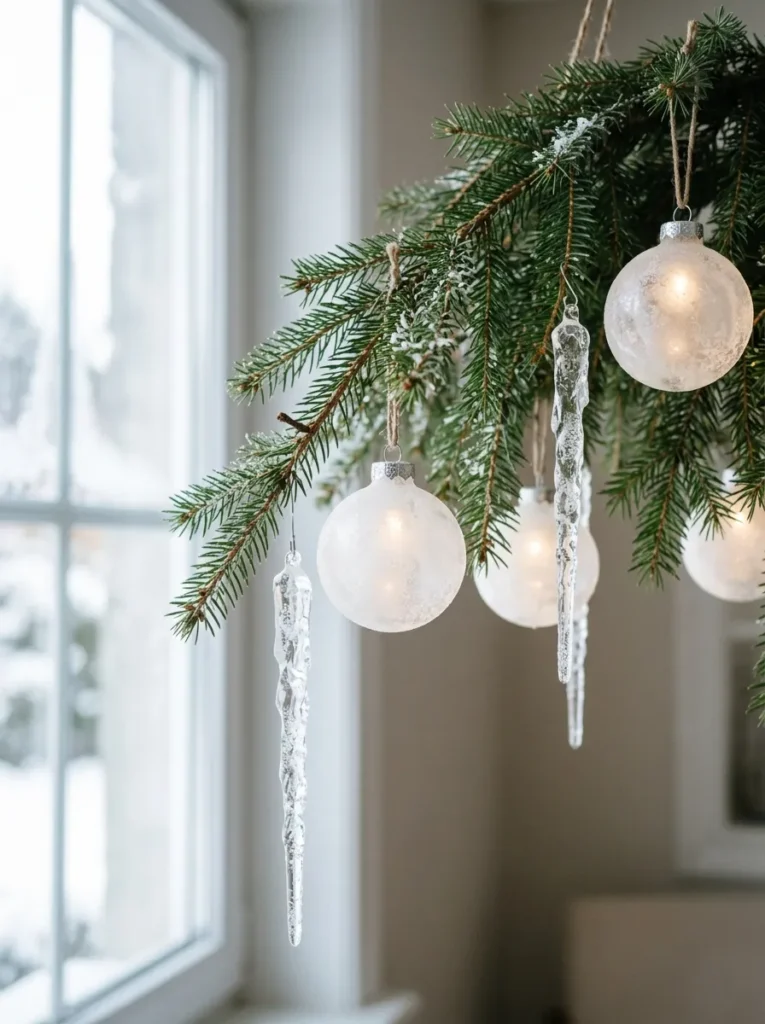 Frosted Crystalline Icicle Drops - light up christmas balls (Faceted clear acrylic icicle drops reflecting radiant glows from light up christmas balls)