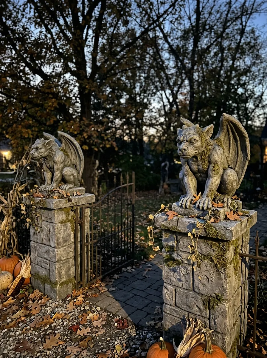 Gargoyle Statues Perched on Stone Pillars - graveyard halloween decorations (Weathered stone resin gargoyles with glowing red LED eyes perched atop cemetery gate pillars)