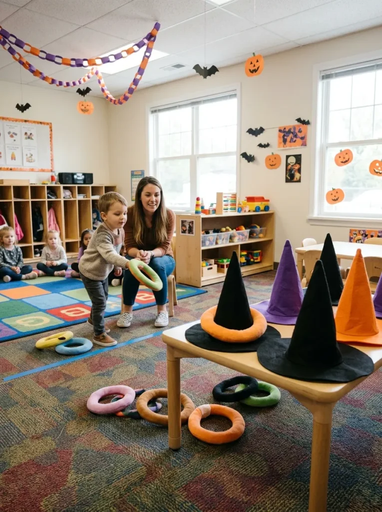 Gentle Witch Hat Ring Toss - halloween games for preschoolers (Glow necklace ring toss over pointed witch hats for toddlers)