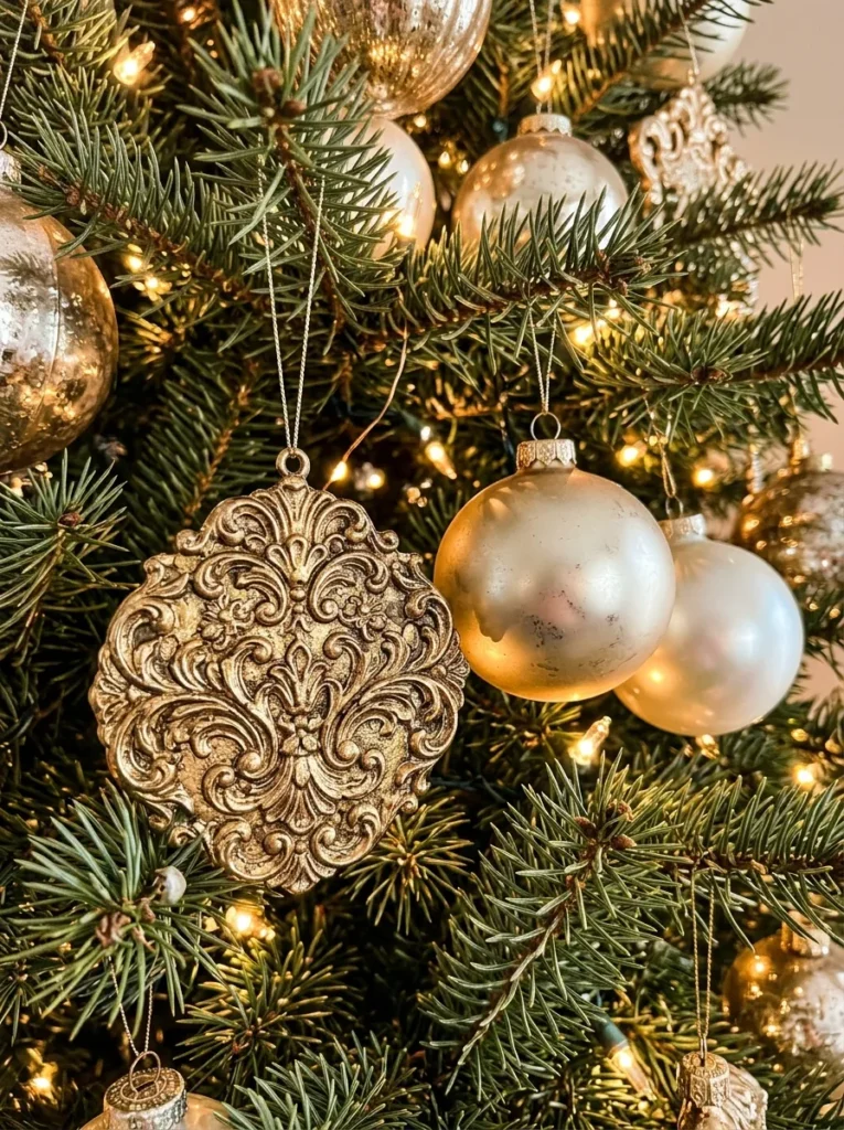 Gilded Baroque Filigree Medallions - light up christmas balls (Intricate antique gold leaf filigree medallions gleaming beside light up christmas balls)