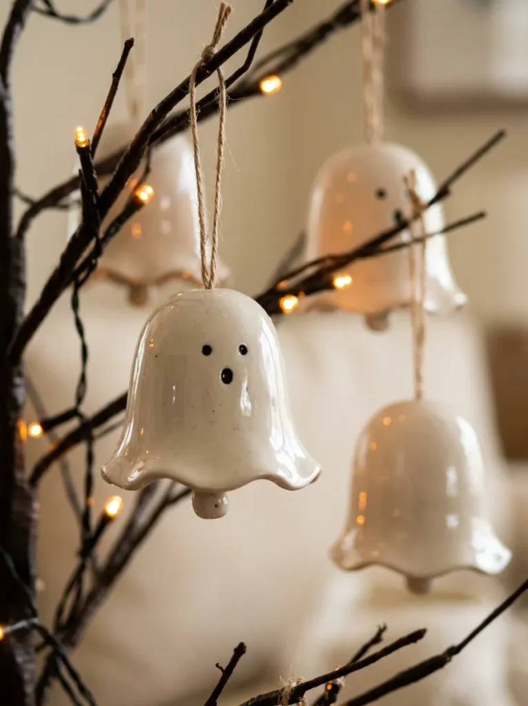 Glazed Ceramic Ghost Bells with Clappers - halloween ornaments for tree (Glossy white ceramic ghost bell ornaments with gentle acoustic clappers)