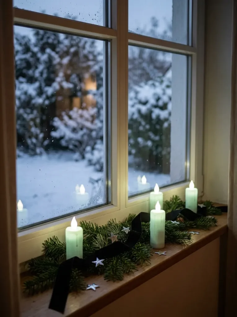 Glow-in-the-Dark Holiday Window Candles - halloween christmas decorations (Electric brass window sill candles with color-changing LED flame bulbs)