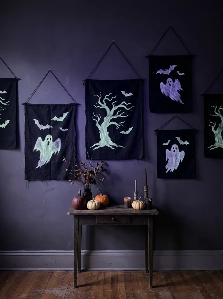 Glow-in-the-Dark Silhouette Wall Banners - halloween signs (Tall vertical canvas porch banners with UV-reactive glow bats and gothic arches under blacklight)