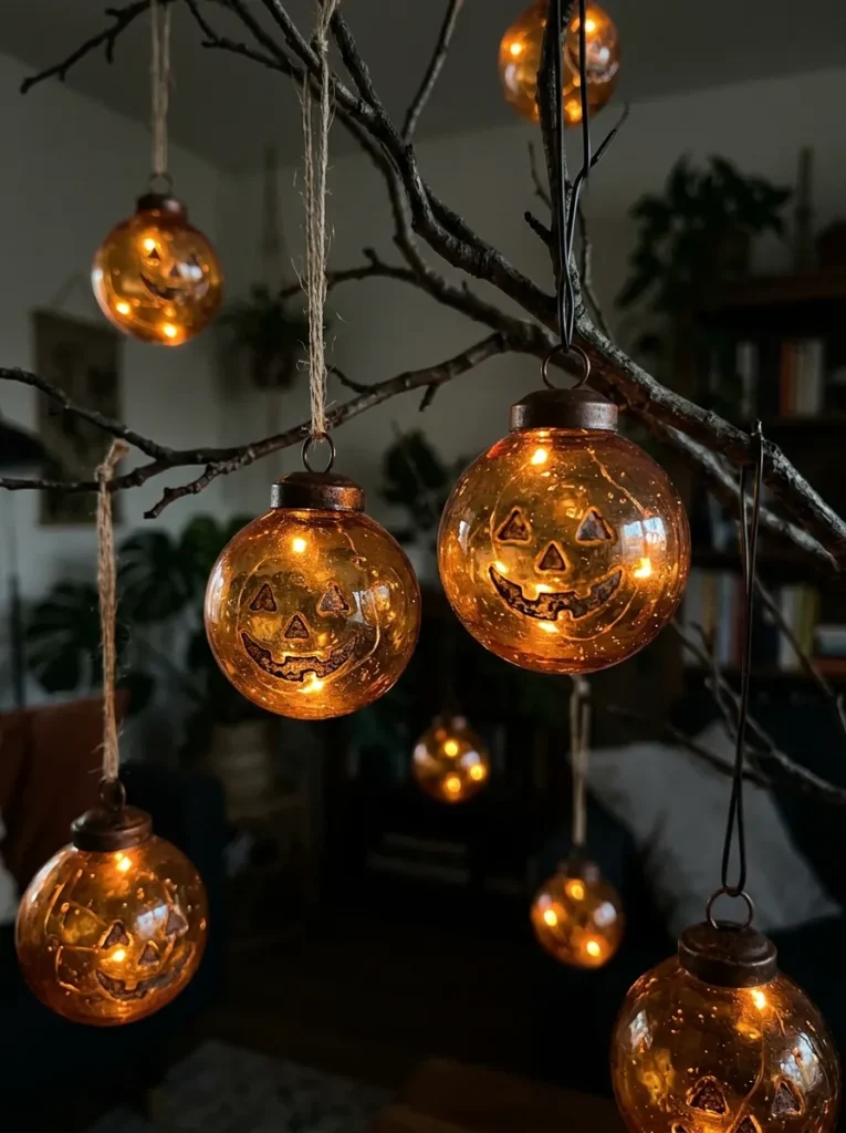 Glowing LED Jack-O-Lantern Glass Orbs - halloween ornament (Illuminated spherical blown glass jack-o-lantern ornaments containing battery micro-LED fairy lights)