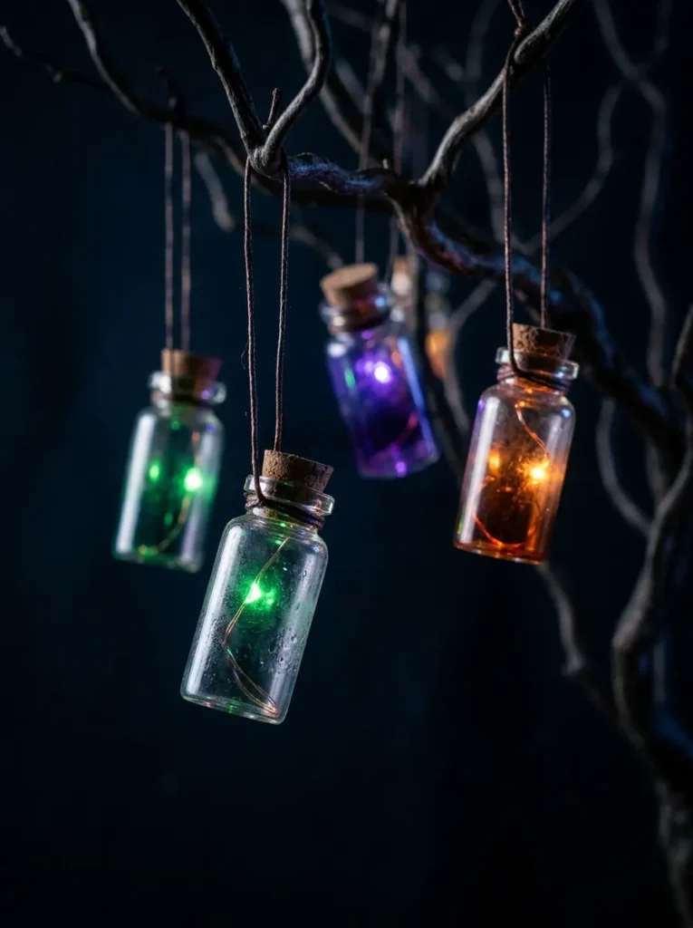 Glowing Micro-LED Miniature Potion Vials - halloween ornaments for tree (Corked glass apothecary potion vials with luminous micro-LED fluid illumination)