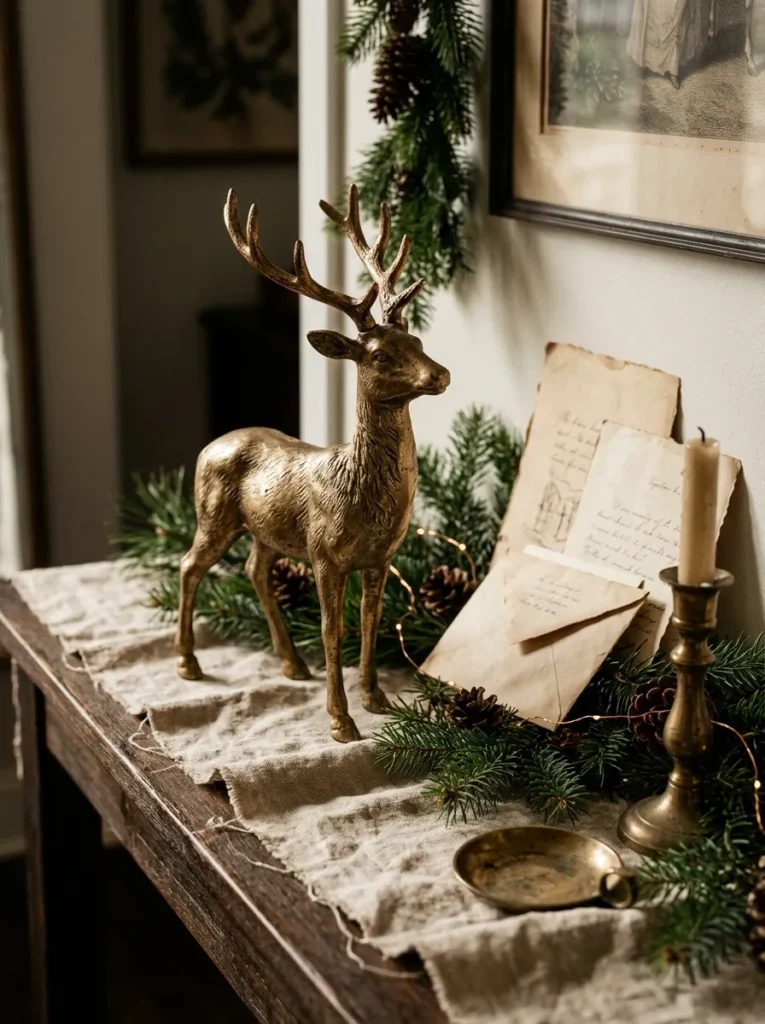 Golden Bronze Parchment Features - christmas reindeer decor (Vintage golden bronze metallic parchment accents accenting christmas reindeer decor)