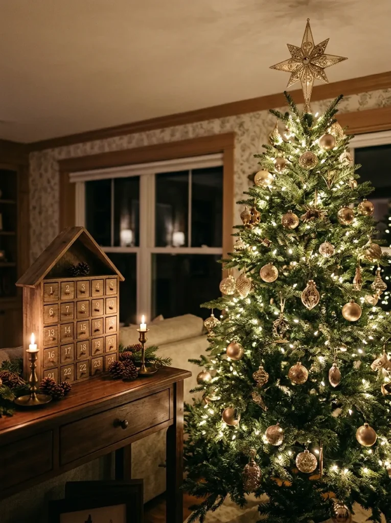 Golden Starlight Tree Crown Finial - zyn christmas calendar (Luminous golden multi-point star topper presiding over a zyn christmas calendar setup)