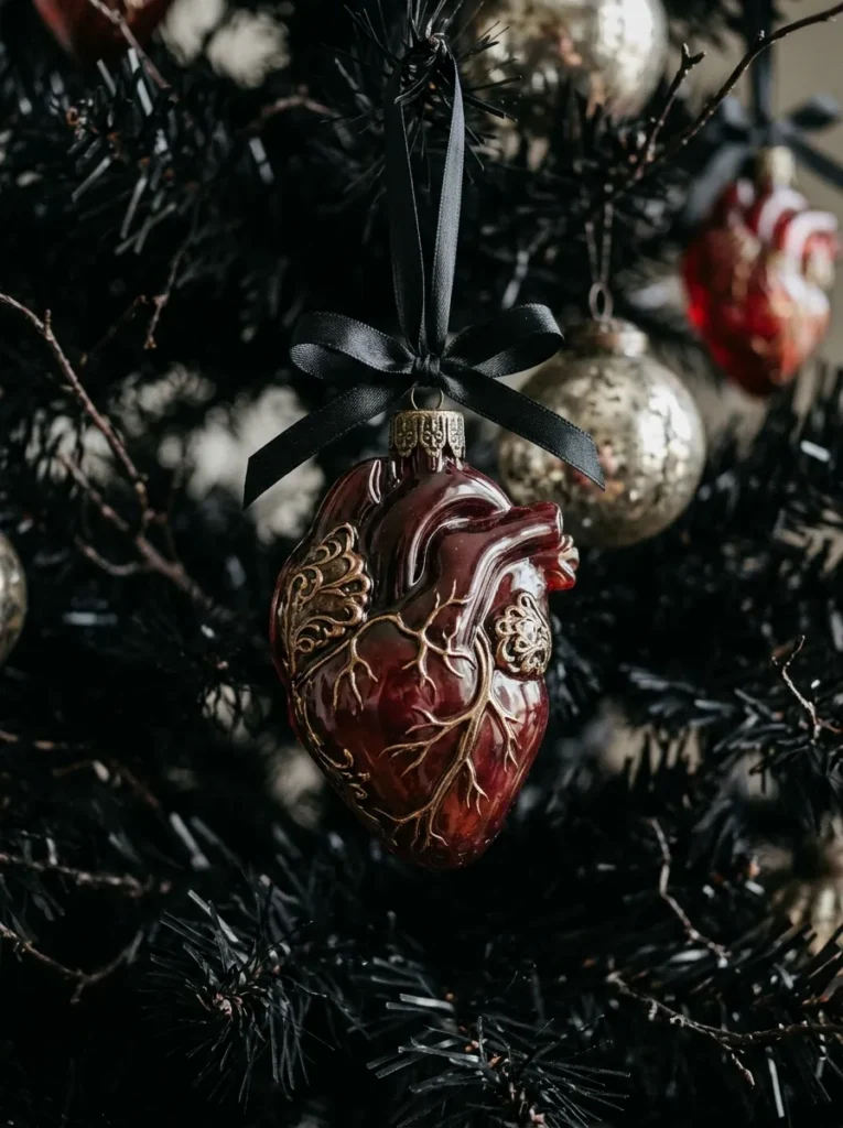 Gothic Anatomical Heart Resin Baubles - halloween ornament (Translucent ruby epoxy resin anatomical heart ornaments embedded with shimmering gold leaf flakes)