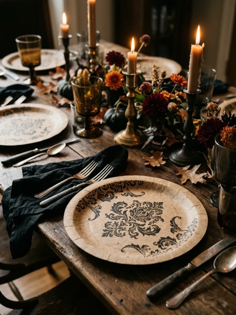 Gothic Damask Filigree Kraft Paper Plates - halloween paper plates (Elegant gothic damask filigree kraft paper plates for adult dinner parties)