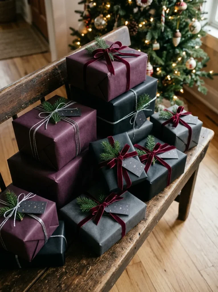 Gothic Holiday Gift Wrapping Aesthetics - halloween christmas decorations (Matte black gift boxes tied with crimson velvet ribbons and skull wax seals)