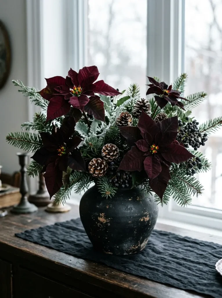Gothic Poinsettia Floral Arrangements - halloween christmas decorations (Midnight purple and velvet black artificial poinsettias in antique mercury glass urn)