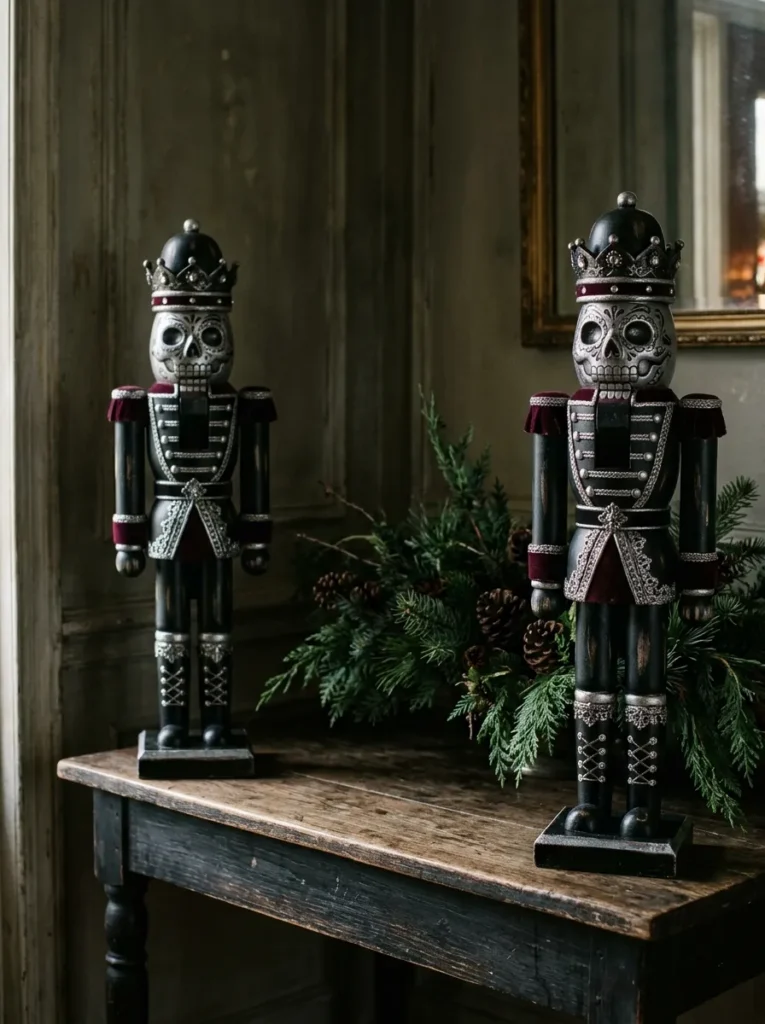 Gothic Skeleton Nutcracker Sentinels - halloween christmas decorations (Hand-painted wooden skeleton soldier and vampire nutcrackers on fireplace mantel)