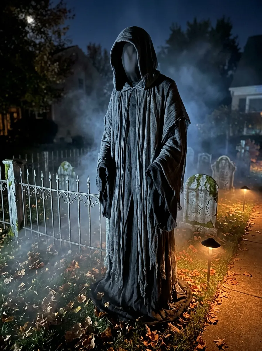 Grim Reaper Sentinel Standing Guard - graveyard halloween decorations (Eight-foot-tall standing Grim Reaper figure in black tattered robes with towering scythe)