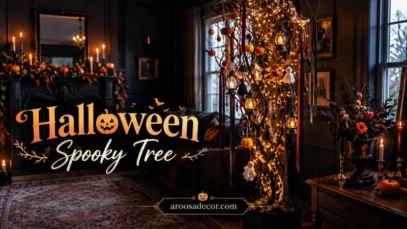 Halloween Spooky Tree: 20 Creative Branch Decor Ideas - halloween spooky tree (Atmospheric illuminated dark branch tree with glowing lanterns and hanging holiday ornaments)