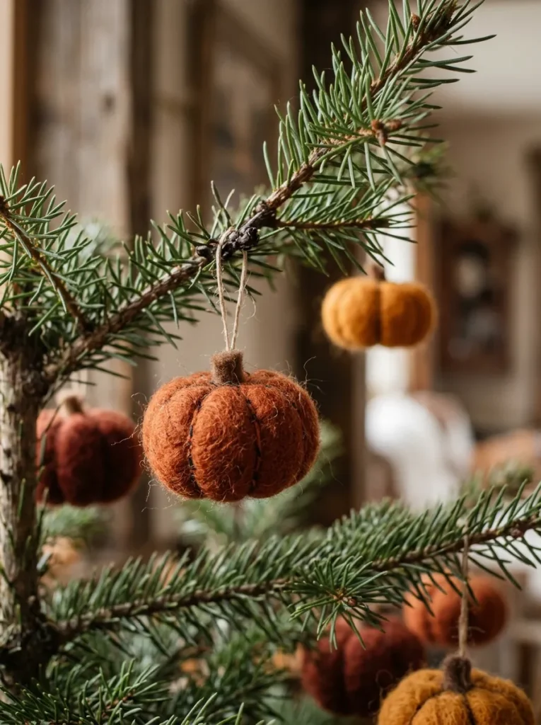 Hand-Stitched Wool Felt Mini Pumpkins - halloween ornaments for tree (Handmade wool felt mini pumpkin baubles with natural cinnamon stick stems)