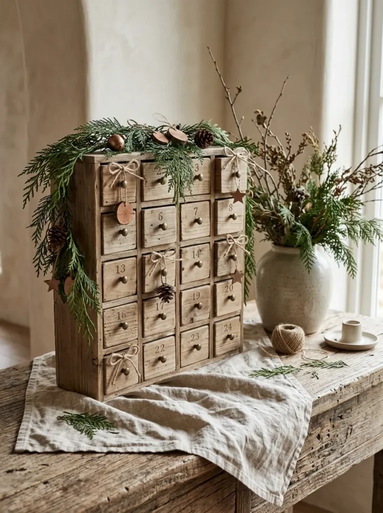 Handcrafted Rustic Cedar Accents - zyn christmas calendar (Artisanal carved cedar wood decor pieces framing a modern zyn christmas calendar)