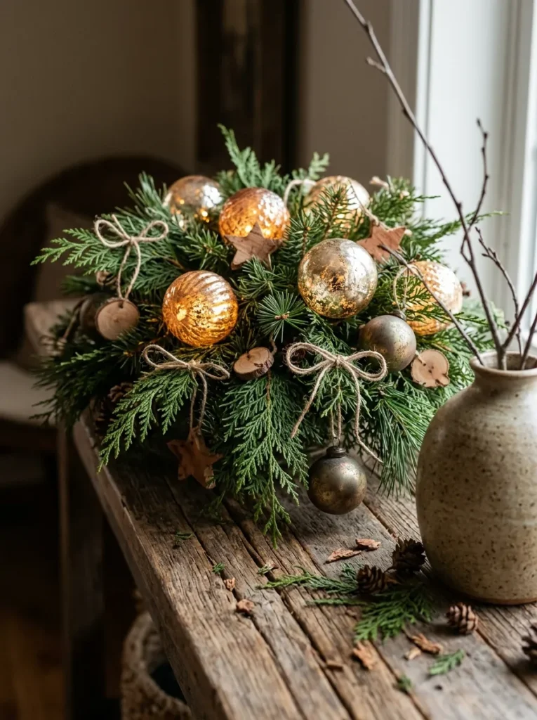 Handcrafted Rustic Cedar Accents - light up christmas balls (Natural carved cedar wood tree ornaments providing rustic texture beside light up christmas balls)