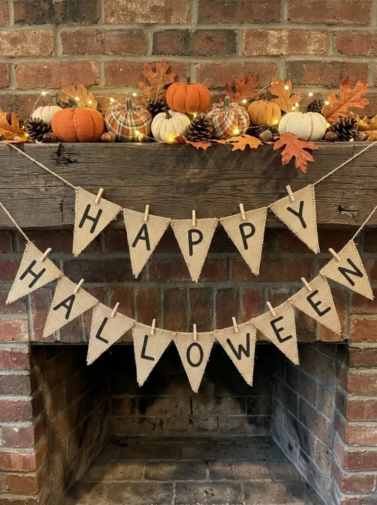 Handmade Burlap Bunting Garland Sign - halloween signs (Triangular rustic burlap pennants stenciled with HALLOWEEN strung across brick fireplace mantel)