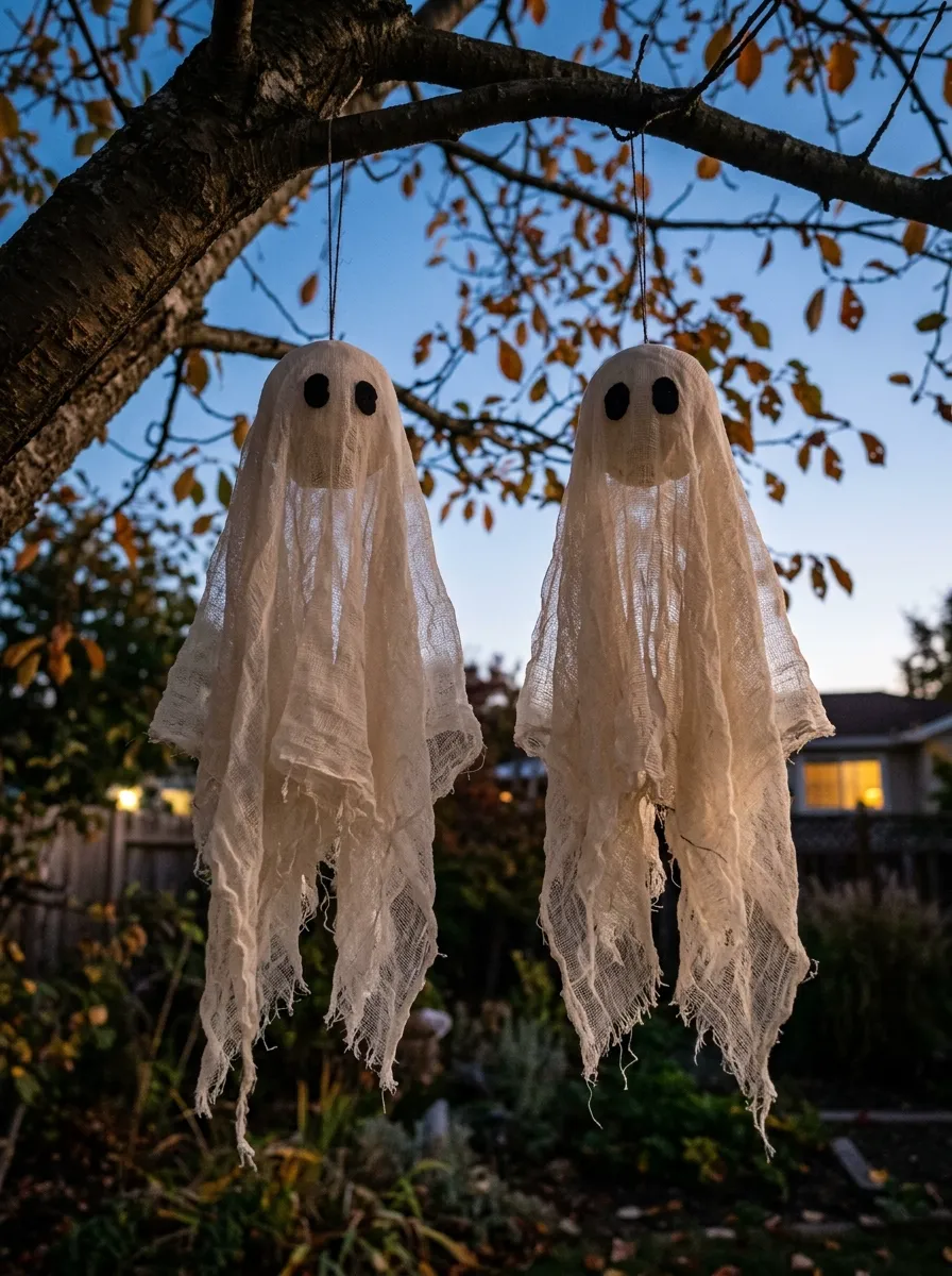 Hanging Cheesecloth Ghost Specters in Trees - graveyard halloween decorations (Weathered shredded cheesecloth phantom specters suspended from high tree branches swaying in wind)