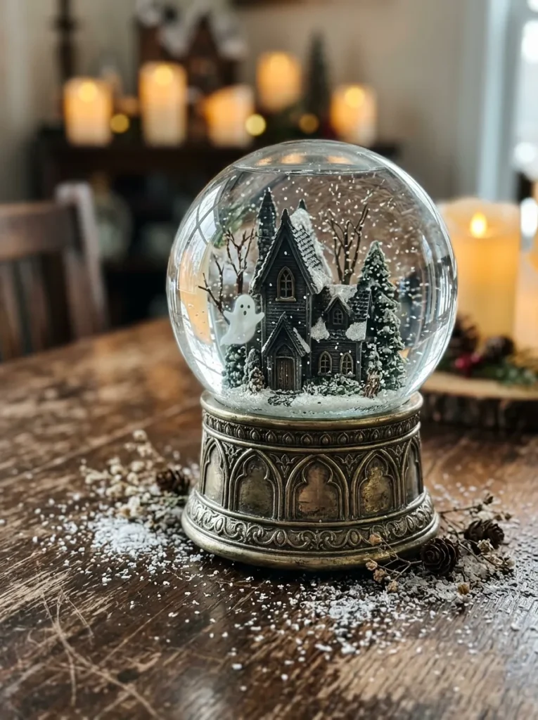 Haunted Blizzard Snowglobe Centerpieces - halloween christmas decorations (Apothecary glass cloche snowglobe with miniature haunted mansion and blizzard glitter)