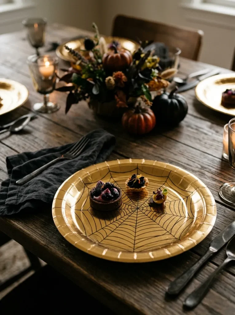 Heavy-Duty Metallic Gold Spiderweb Dinner Plates - halloween paper plates (Heavy-duty metallic gold spiderweb dinner paper plates for party tables)