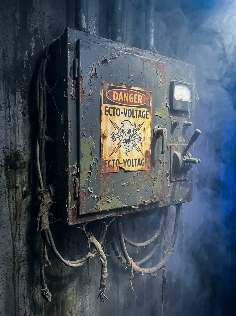 High-Voltage Sparking Electrical Box Hazard - scary halloween signs (Simulated high-voltage sparking electrical box hazard prop sign)
