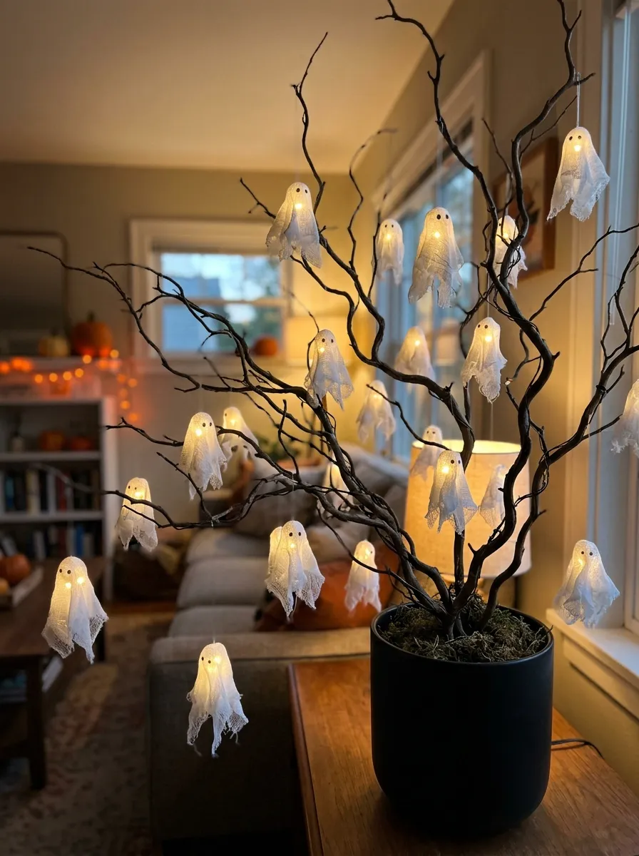 Illuminated Ghost Swarm Flying Tree - halloween spooky tree (Dozens of illuminated sheer cheesecloth ghosts suspended with monofilament wire fluttering around branches)